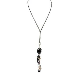 Handcrafted Black Beaded Long Pendant Necklace With Leather Cord & Silver Accent
